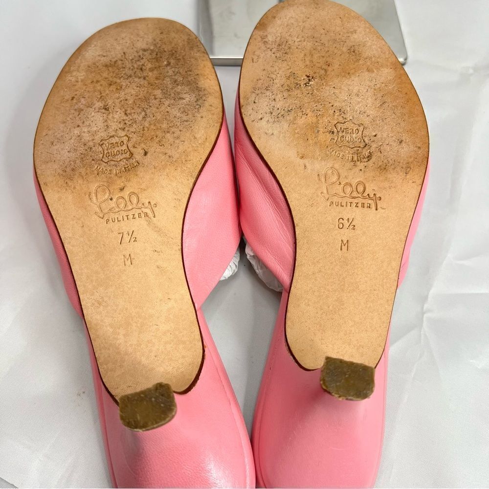 Lilly Pulitzer Women's Napa Sandals Slides Hibiscus Pink Leather Bow Kitten Heel - Picture 10 of 10